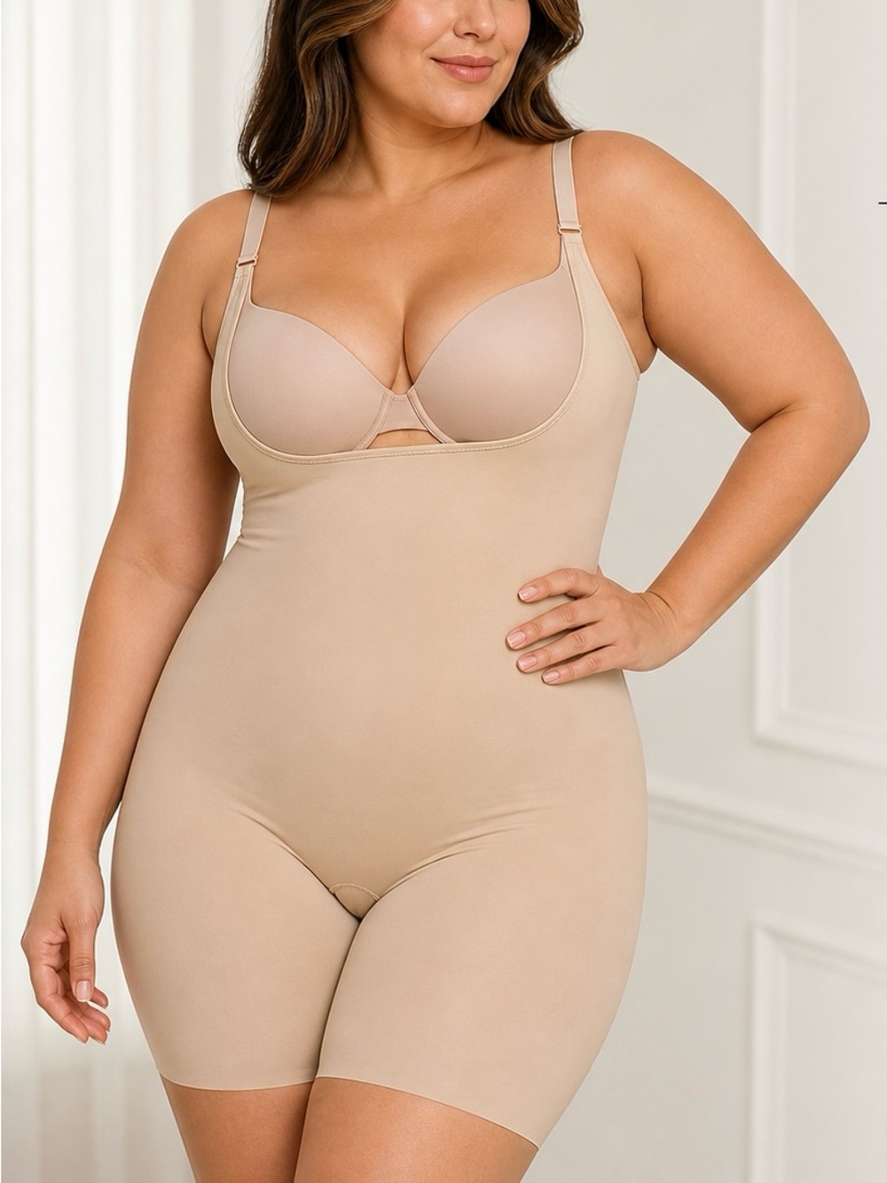 SPANX OnCore Open Bust Mid Thigh Bodysuit Shapewear 1X Nude Firm Control